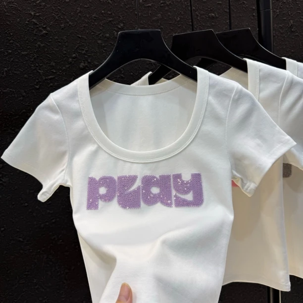 刺绣字母夏季锁骨U领短袖女款爆款2025新款修身显瘦上衣夏113#