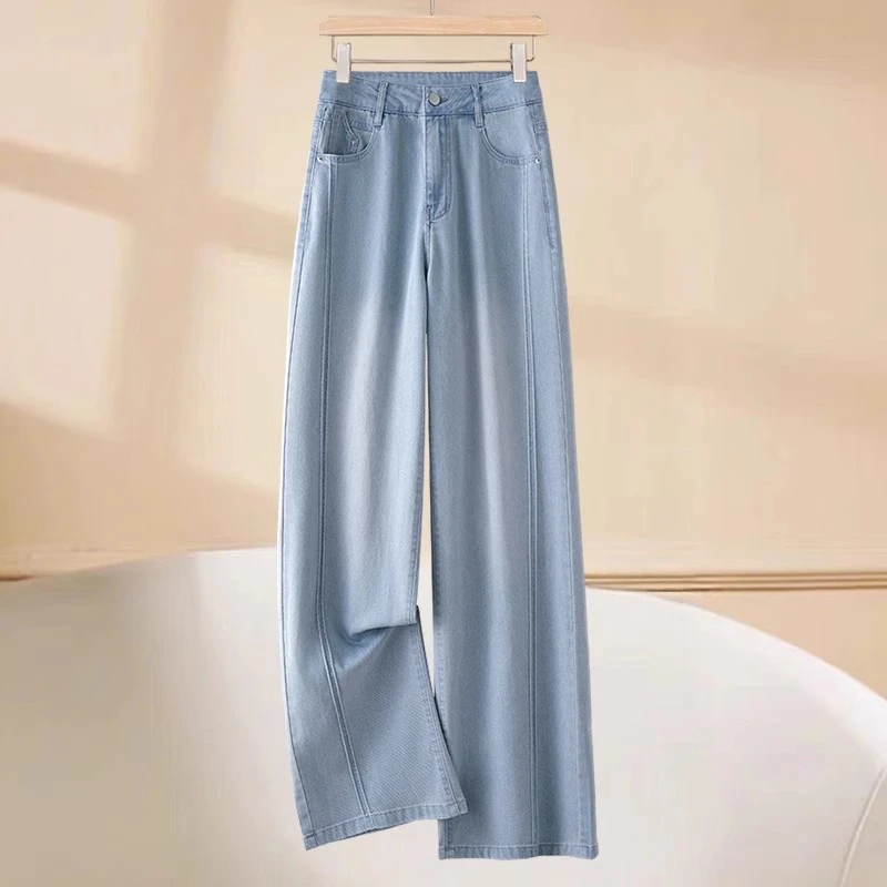 浅蓝色天丝阔腿牛仔裤女夏季薄款2025新款高腰显瘦宽松窄版直筒裤