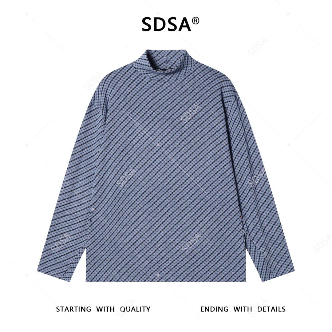 SDSA秋冬新款痞帅男装美式撞色斜纹半高领长袖T恤时尚简约上衣