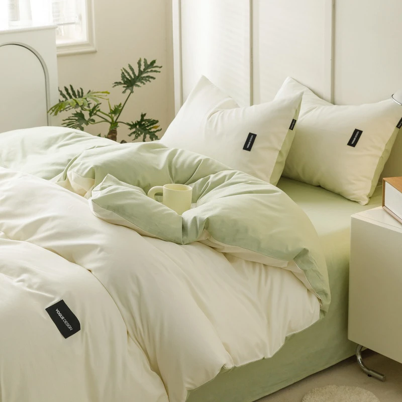 现代简约纯棉四件套纯色全棉被套学生宿舍三件套床笠床上用品