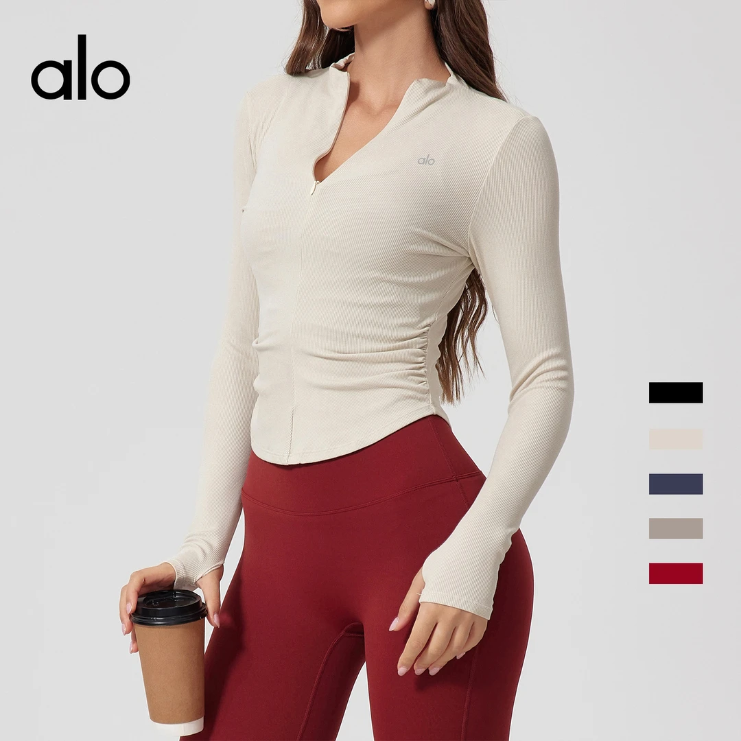 alo outls官方奥莱店Alo紧身裸感长袖螺纹T恤瑜伽服户外运动上衣