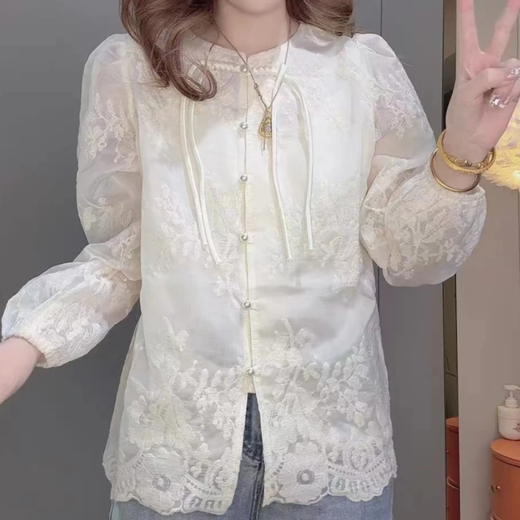定质高端蕾丝重工定位花珍珠扣流苏国风遮肚提花蕾丝百搭开衫上衣