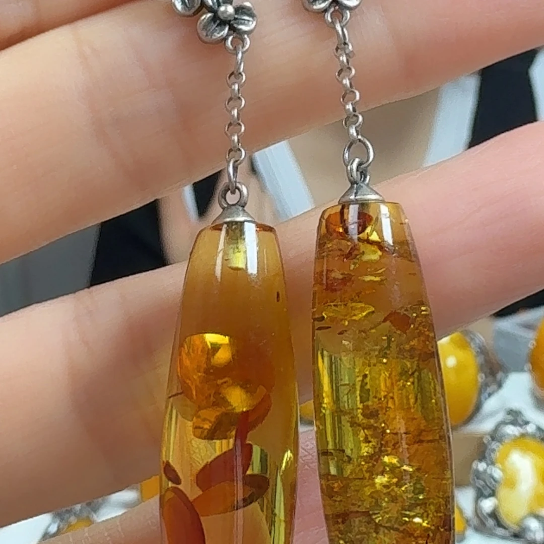 琥珀银S925镶嵌耳饰耳坠