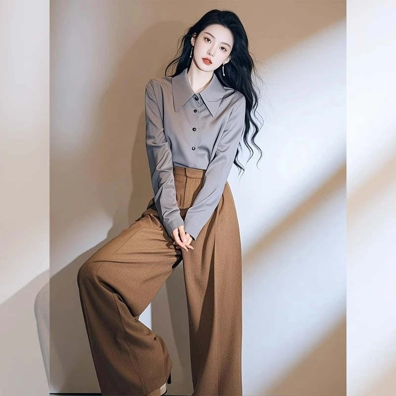 2025年新款御姐气质穿搭一整套高级感灰色长袖衬衫阔腿裤套装女春
