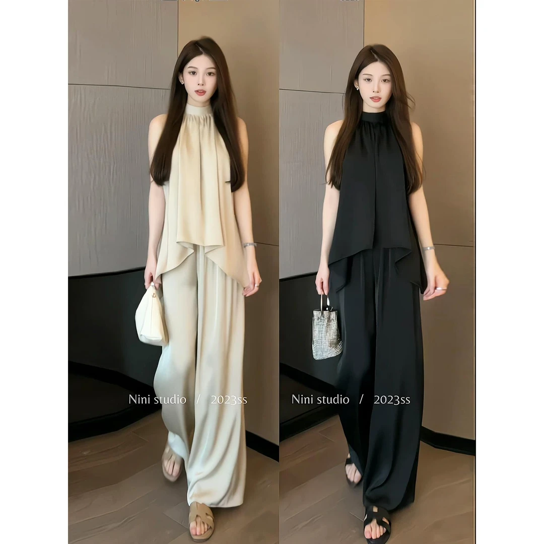 VOCKOO官方法式无袖小众挂脖露肩气质套装夏季新款挂脖背心上衣+