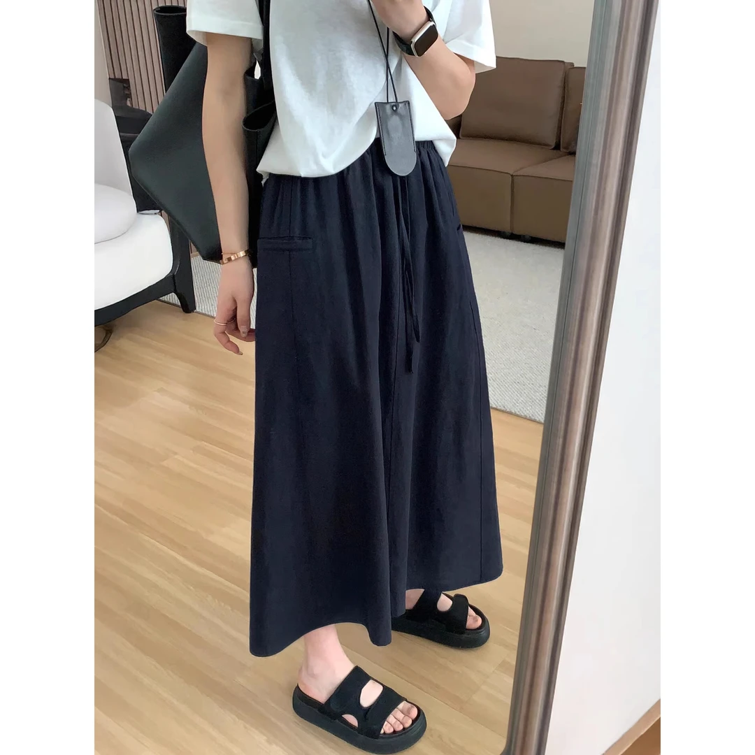 藏青色棉麻半身裙女夏季新款胖妹妹mm高腰遮胯显瘦梨型身材a字裙