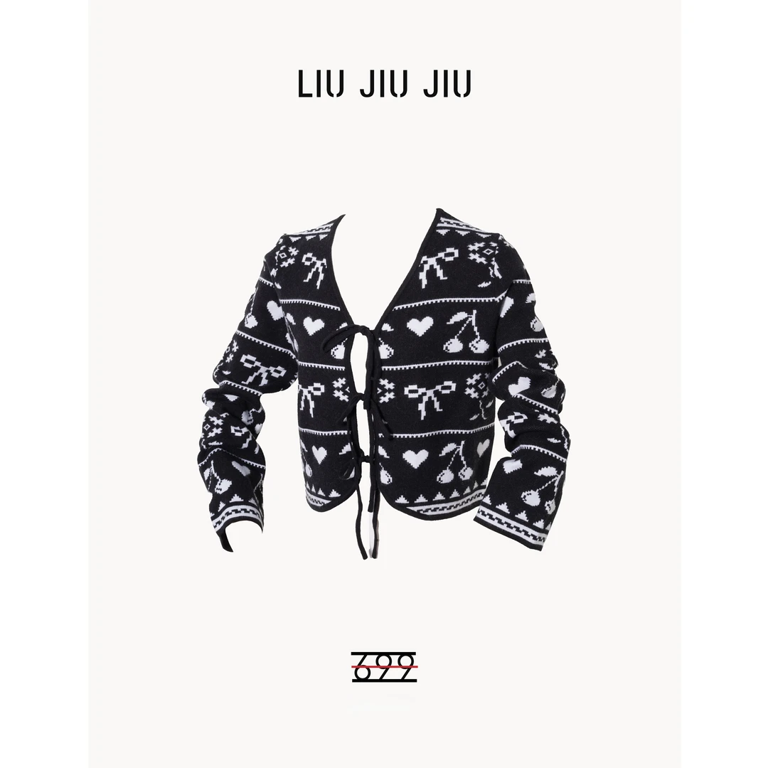 LIUJIUJIU 韩系复古刺绣提花V领设计感秋季针织时尚开衫SY4852L