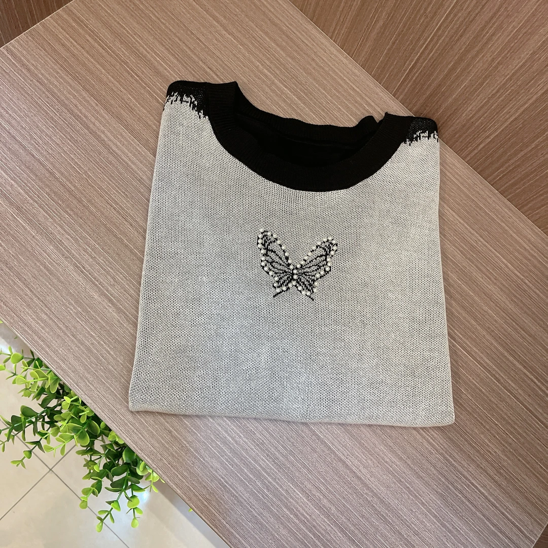 【西绒尔  100莱赛尔】夏季新款蝴蝶刺绣时尚透气圆领百搭针织衫A29