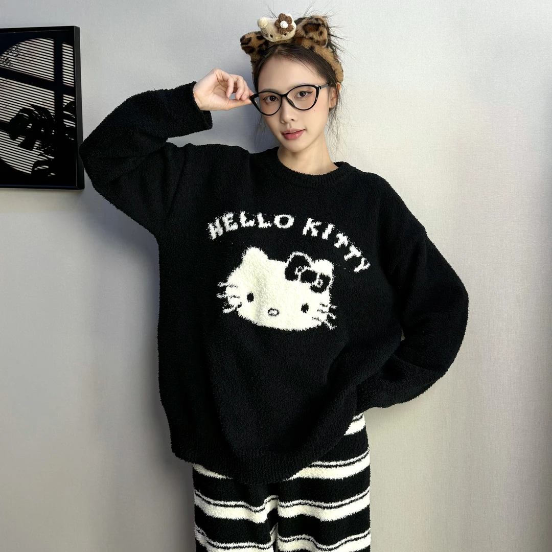 可爱KT小猫睡衣女慵懒风秋冬季新款宽松加绒半边保暖家居服两件套