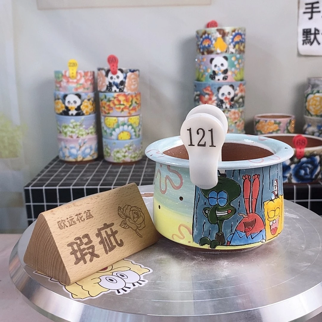 紫砂花盆红陶手绘花盆