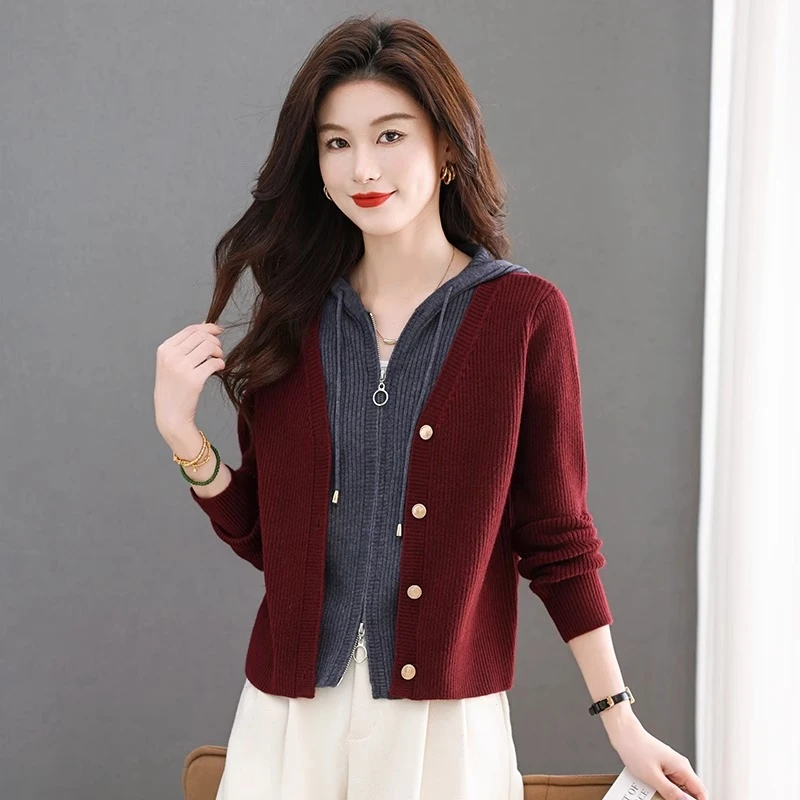 假两件上衣女时尚洋气短款连帽毛衣外套秋装2025新款爆款针织开衫