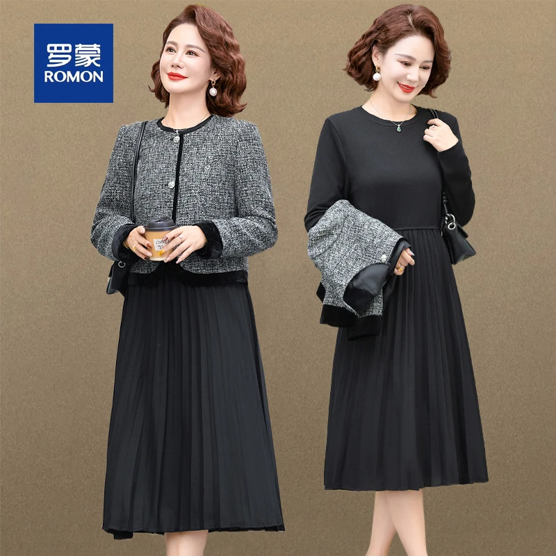 罗蒙气质妈妈春秋装小香风套装裙子女新款时尚长袖中老年人连衣裙