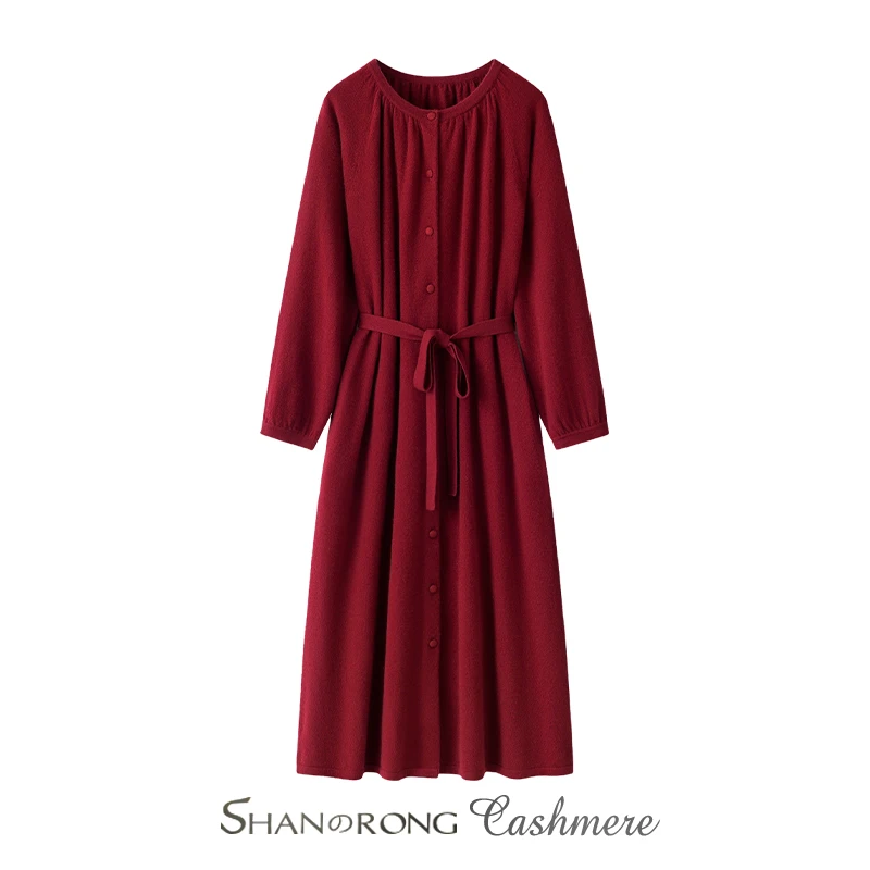 圆领针织连衣裙100%纯山羊绒重磅加厚中长款单排扣收腰保暖长开衫