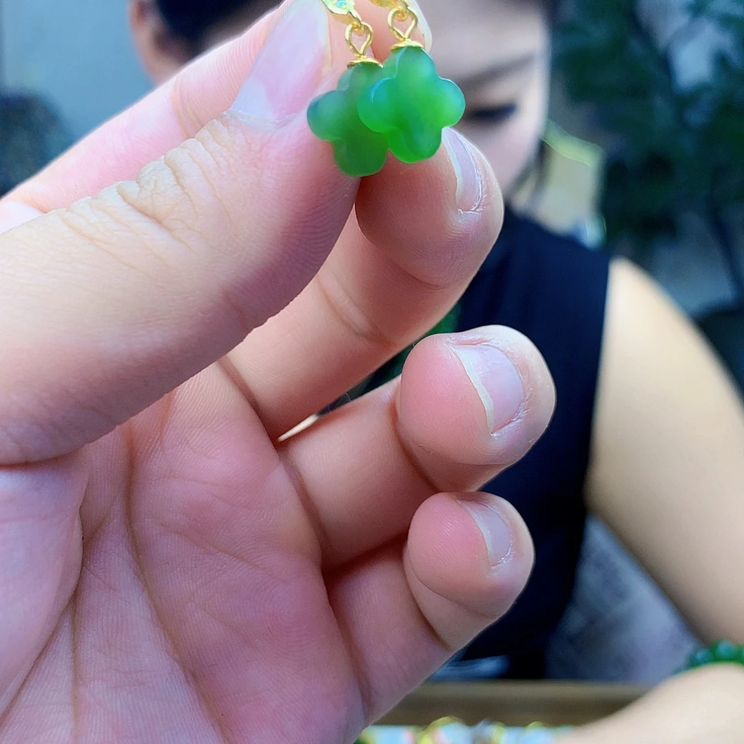 和田玉（碧玉）银S925镶嵌吊坠(不含链)耳钉