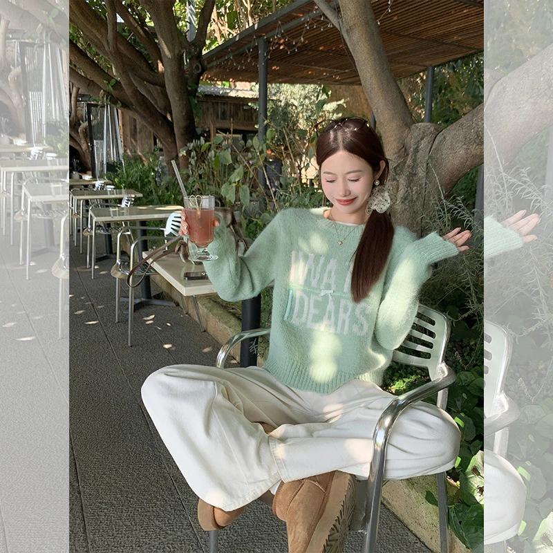 【清清】绿色慵懒风圆领上衣女2024冬季Z243MS3646