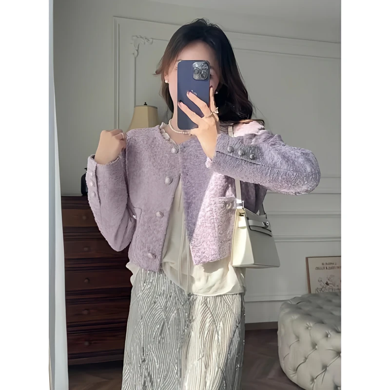 春秋牛仔爆款洋气紫色迷迭香小个子纯手工剪花时尚小香风秋冬外套