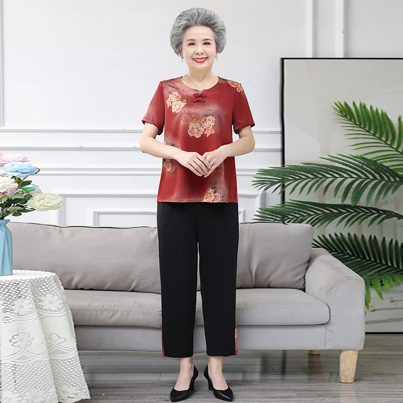 奶奶夏装套装女中老年人夏季两件套老太太衬衫裤子老人衣服妈妈装
