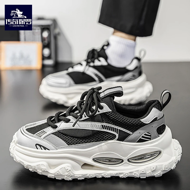 传奇保罗男鞋2025夏季透气网面鞋轻便气垫减震男士休闲运动老爹鞋