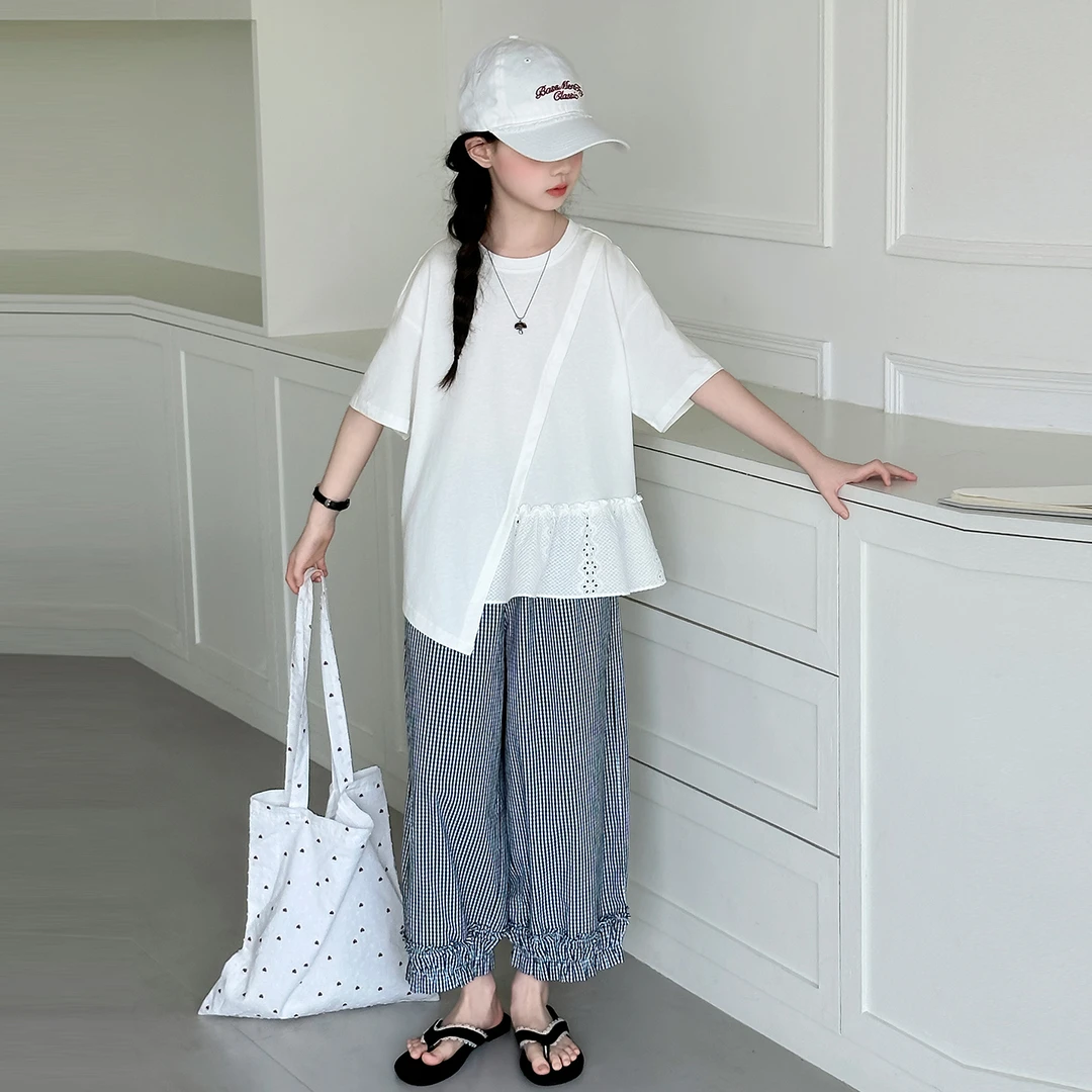 嘻嘻柚】女童夏季套装不规则荷叶边短袖T恤格纹荷叶边九分裤两件套