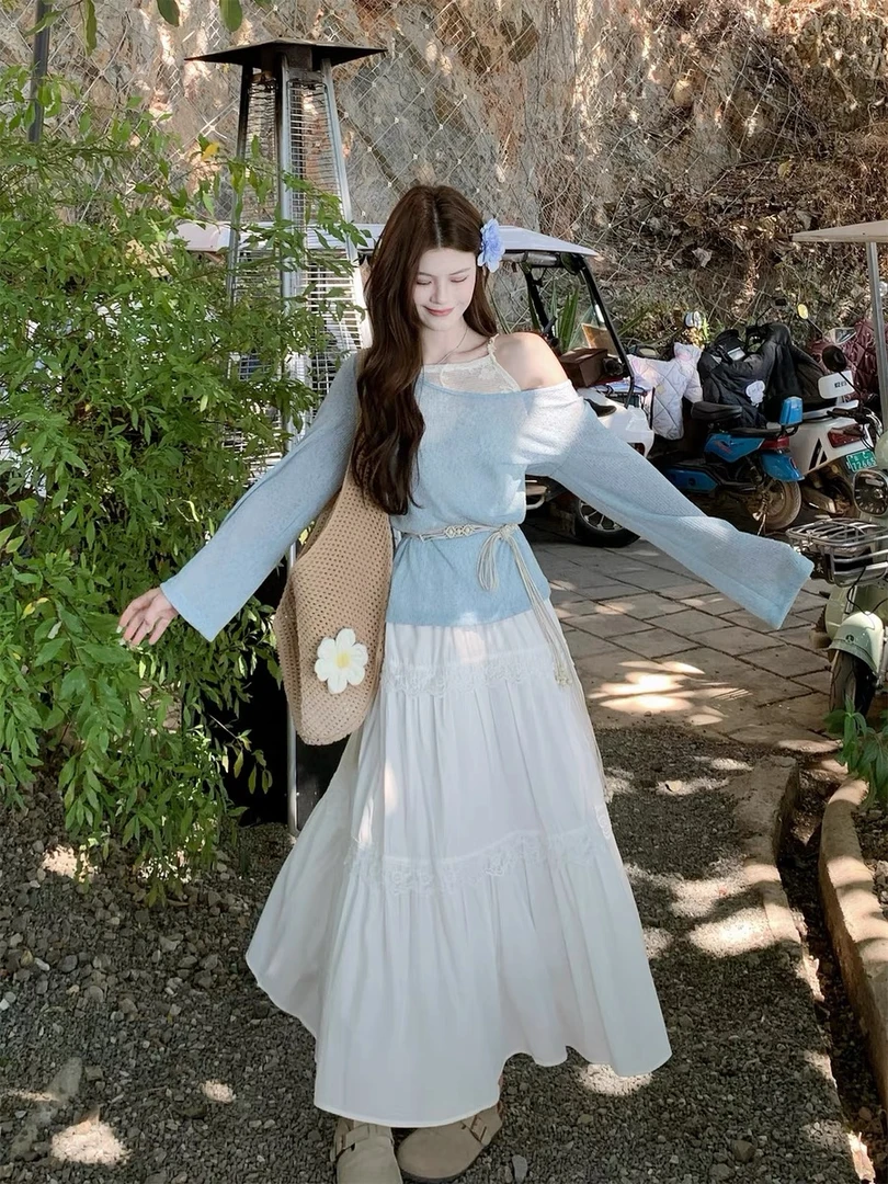 夏季度假风薄款长袖罩衫假两件镂空T恤花边蛋糕裙半身裙两件套女