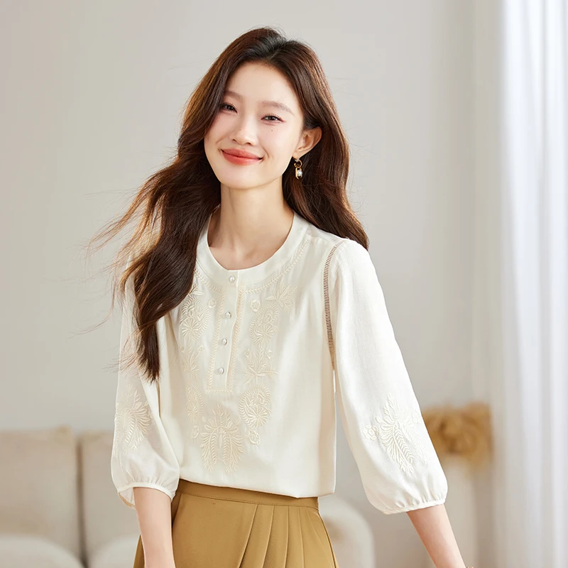 ~新中式国风百搭衬衫上衣女2025秋装新款高级感重工刺绣小衫洋气