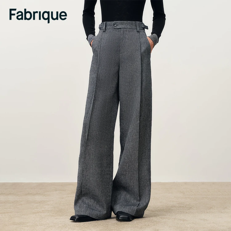 Fabrique Lillian 秋冬新品月岩灰绵羊毛亚麻可调节腰袢阔腿西裤