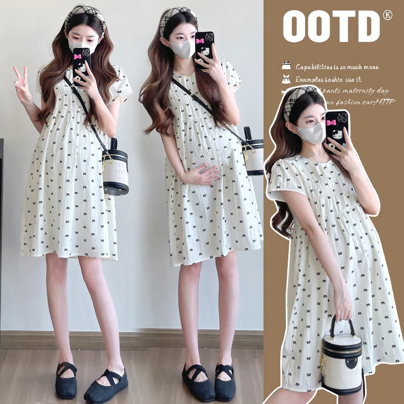 小个子150cm孕妇装夏季时尚辣妈短袖印花连衣裙宽松遮肚不显怀155