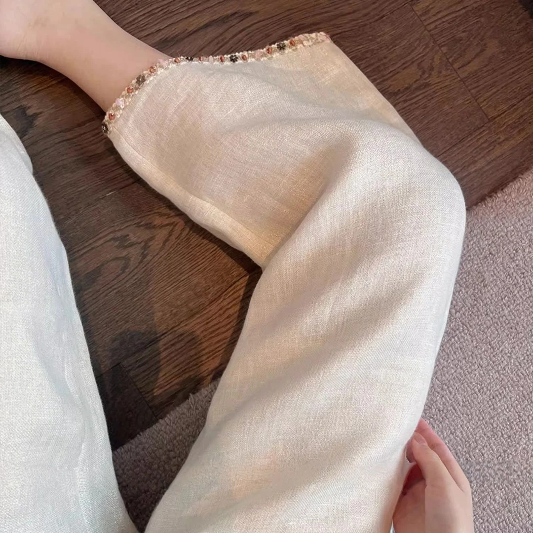 韩版钉珠拼接设计独特直筒九分裤女夏薄款小个子垂感显瘦阔腿裤子