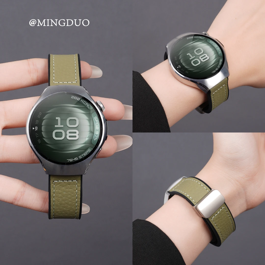 鸣铎适用华为watch5表带gt6手表gt5/4荔枝纹皮硅胶秋冬高级感女款