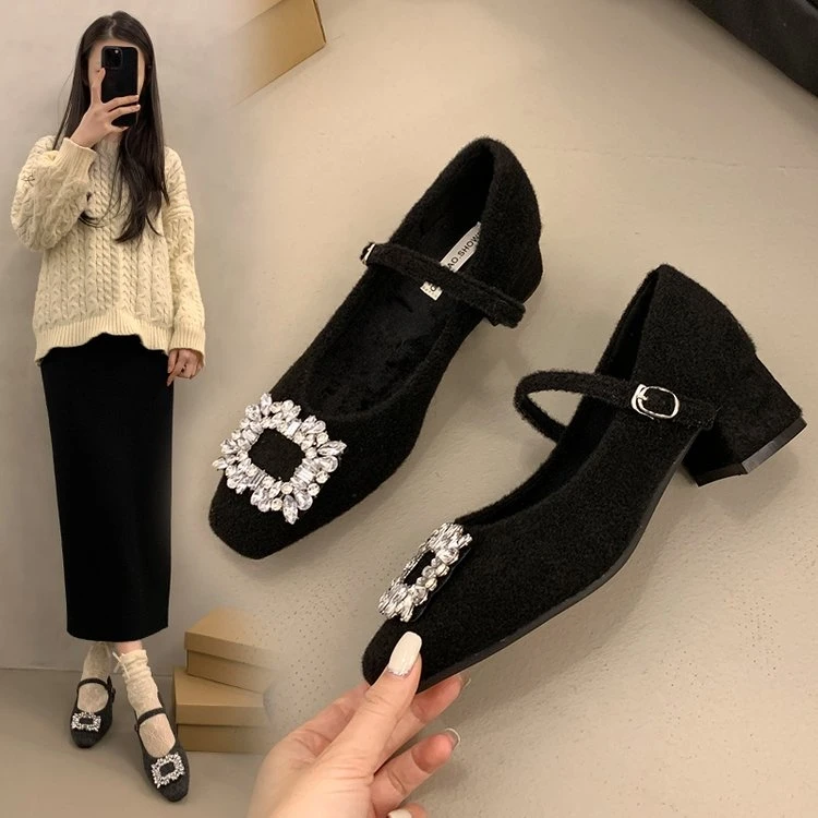 不磨脚小香风玛丽珍鞋法式方头粗跟方钻呢子毛毛鞋女冬外穿高跟鞋