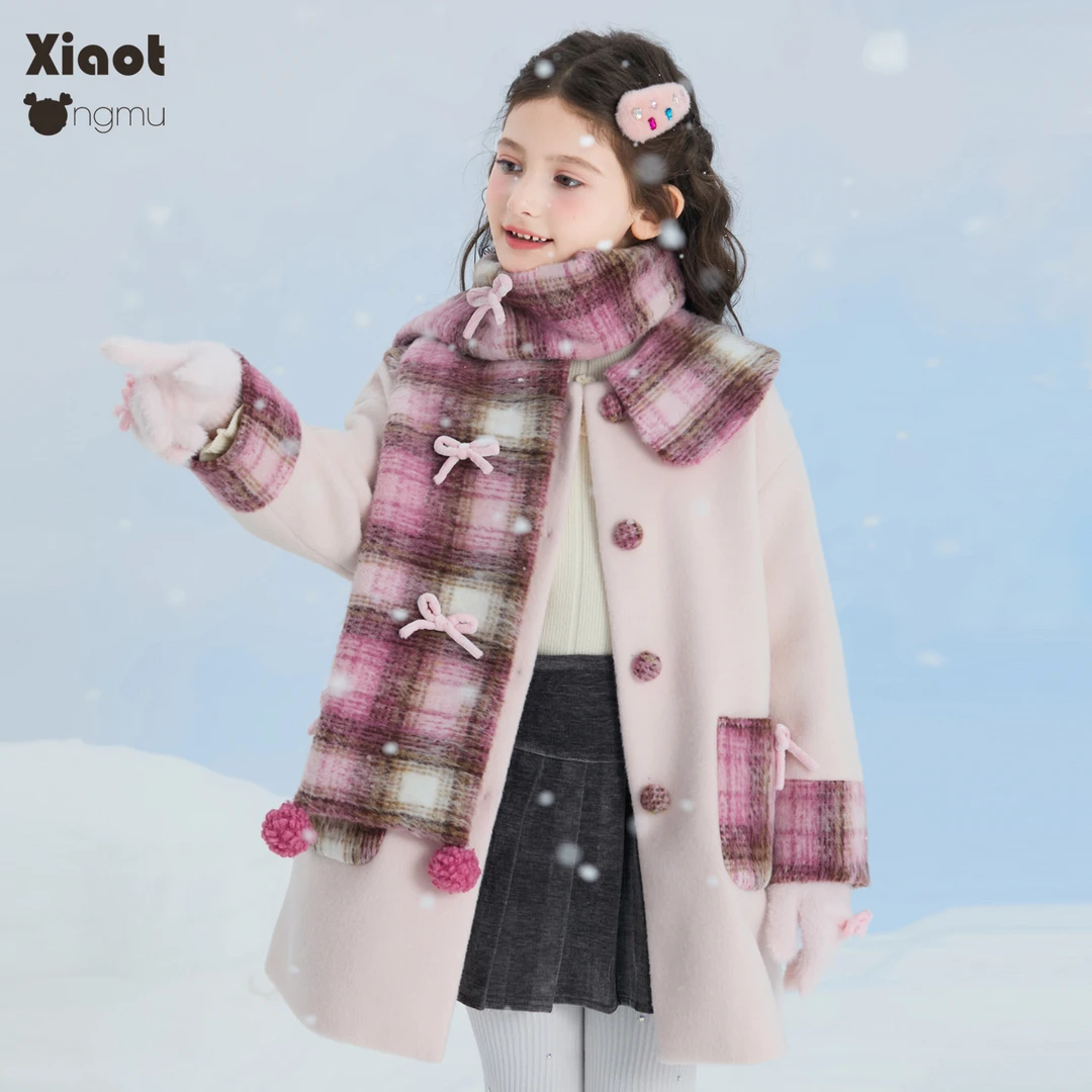 小童木 恬静粉格纹女童呢子大衣冬季新款娃娃领中大童毛呢外套