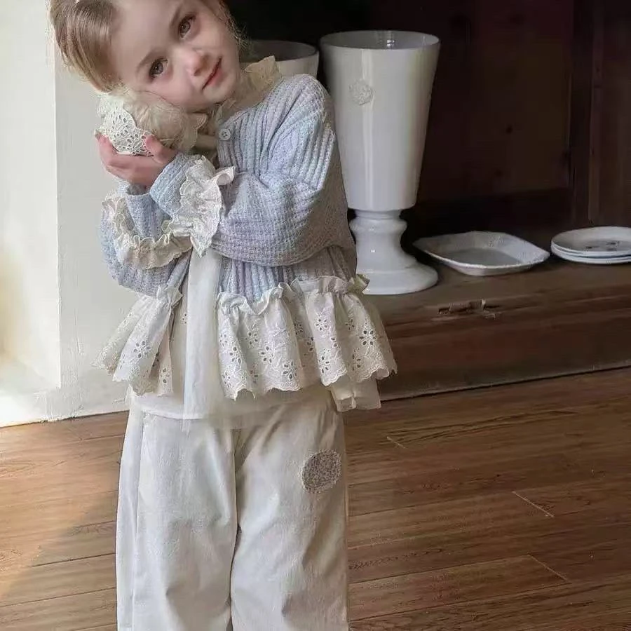 女童韩系套装2025春季新款女宝宝洋气拼接开衫外套衬衣花边阔腿裤