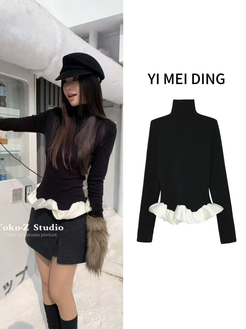 SY64【依美丁】拼接白色花边设计感磨毛高领上衣