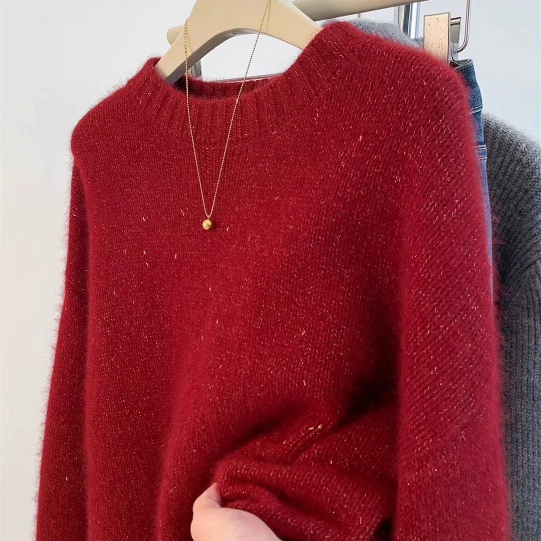 秋冬亮丝羊毛衫女欧货高端宽松慵懒本命年红色毛衣针织