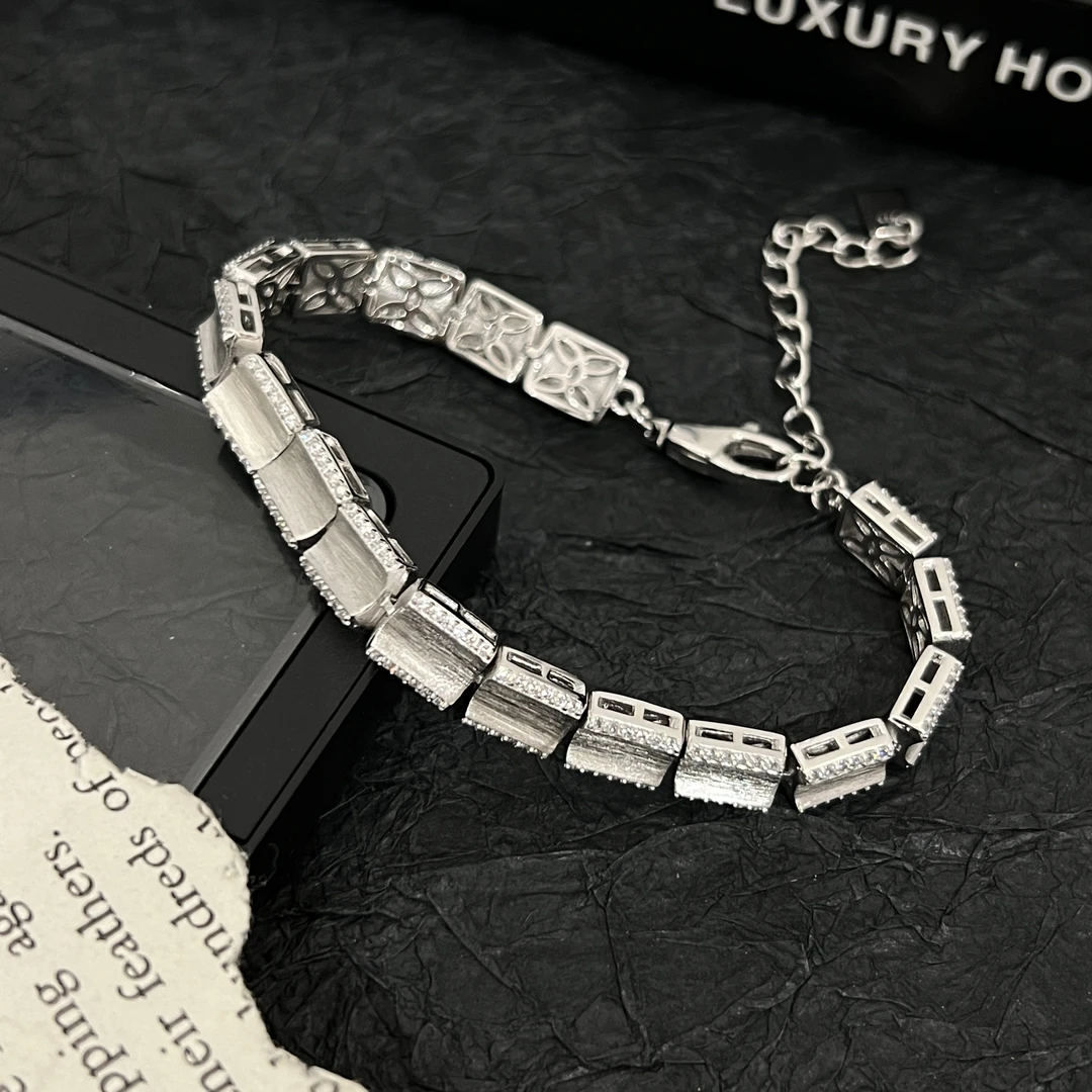 925银合成锆石手链 小众高级感轻奢风简约大方方块拼接银手链22cm