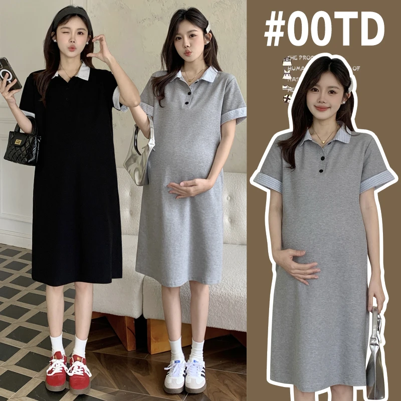 孕妇装连衣裙夏季显瘦设计感拼接假两件POLO大码衣裙小个子大码女