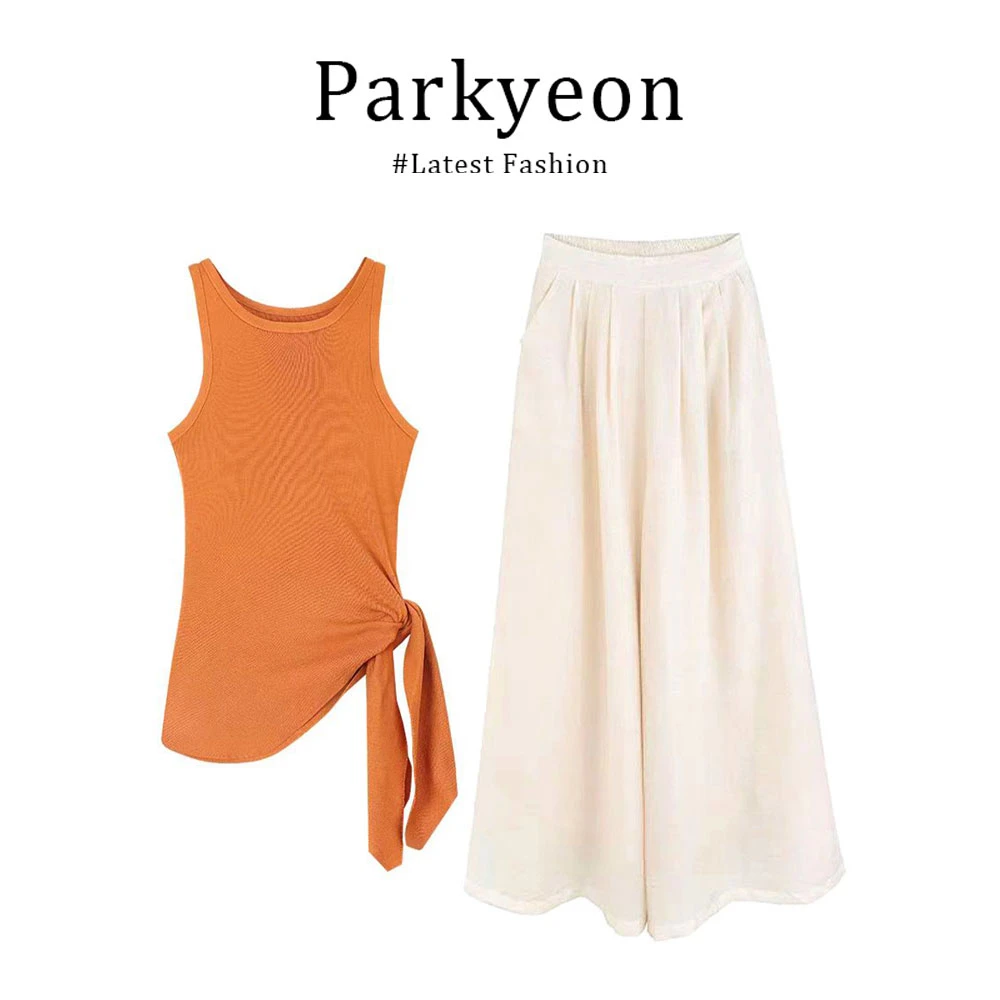 parkyeon五一出游穿搭绑带针织无袖背心女夏季直筒垂感阔腿裤套装