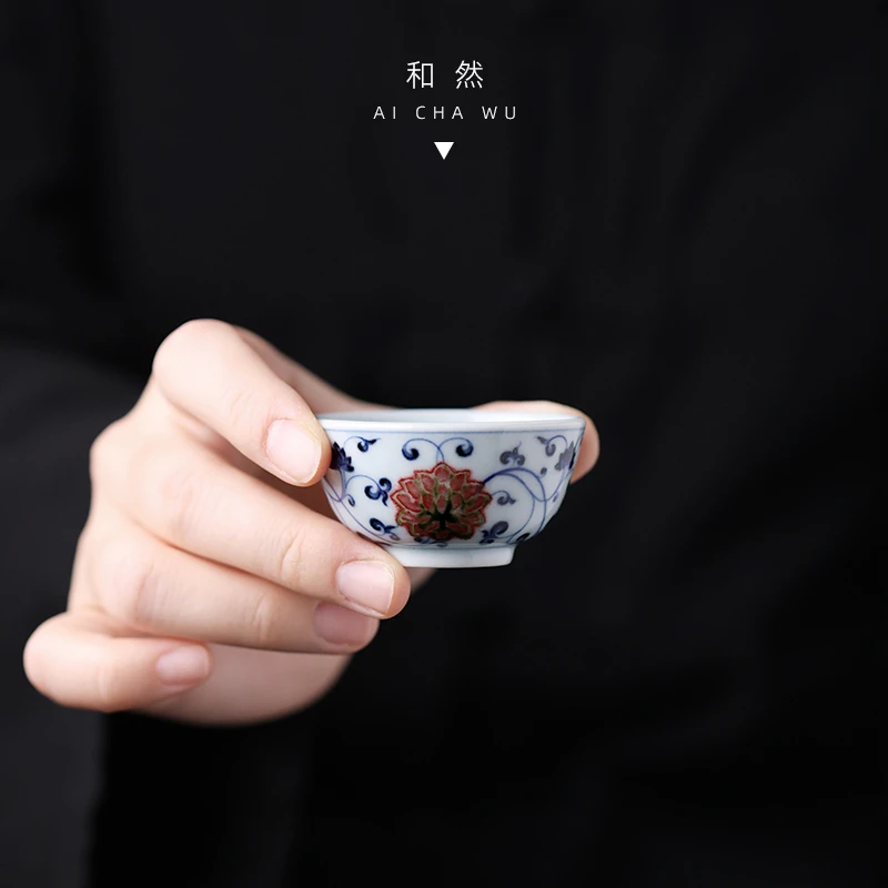 和然茶具青花釉里红缠枝莲一口杯30ml迷你小品茗杯客饮杯功夫茶道