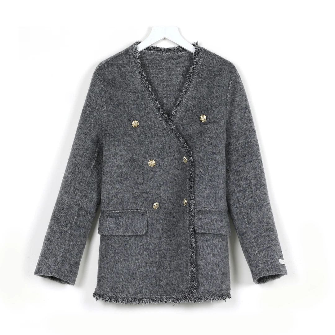 【老意法】【8857】2025新款流苏绵羊毛大衣外套双排扣V领女士气质