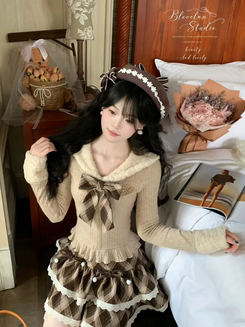 运补6~8 摩卡甜心 美拉德学院风海军领蝴蝶结收腰针织上衣套装