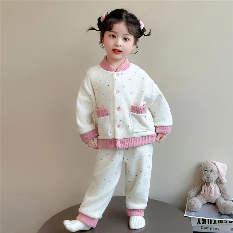 儿童睡衣秋冬季法兰绒加厚套装女孩宝宝珊瑚绒开衫保暖公主家居服