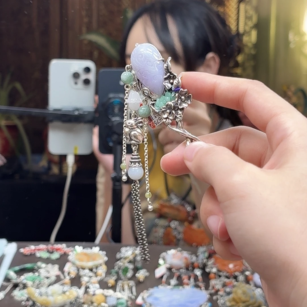 翡翠银S925镶嵌发饰翡翠发簪