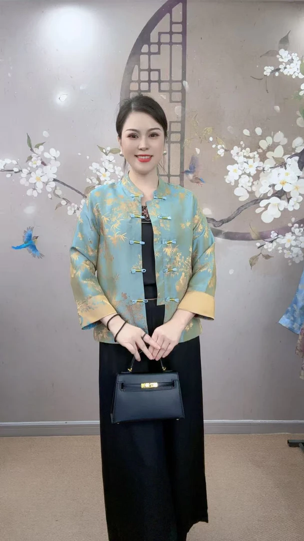 新中式国风新款【竹报平安】两面穿 长袖织锦提花立领气质女装