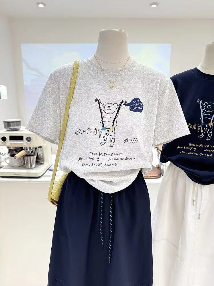 新款韩系简约卡通小熊印花宽松减龄短袖打底衫T恤女上衣