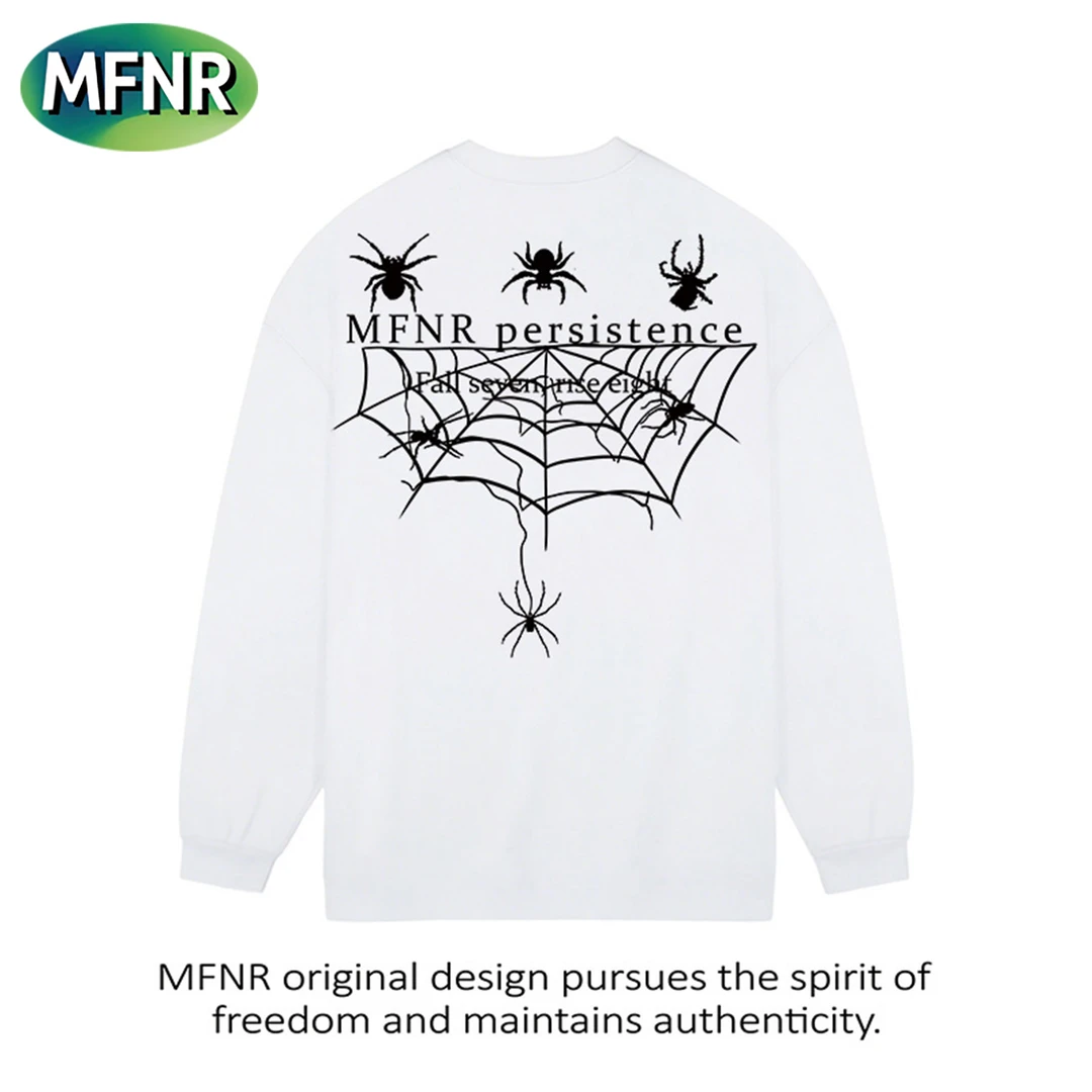 美式蜘蛛网印花T恤秋季新款男女情侣百搭重磅圆领纯棉宽松长袖潮