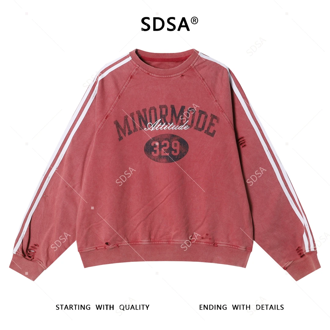 SDSA男士秋冬新款痞帅男装美式磨破印花字母圆领卫衣百搭高街上衣