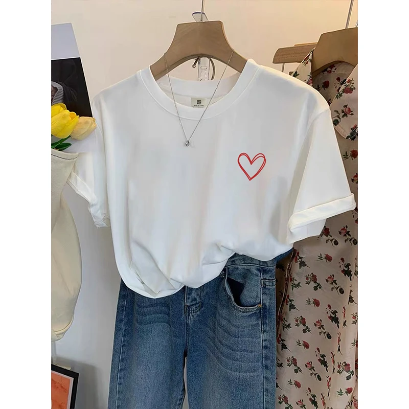 美式复古白色爱心短袖t恤女夏季设计感小众体恤宽松上衣潮短袖T恤