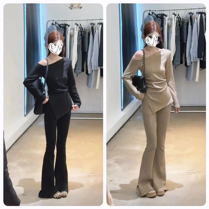 性感斜领露肩长袖上衣+时尚气质高腰显瘦微喇裤套装