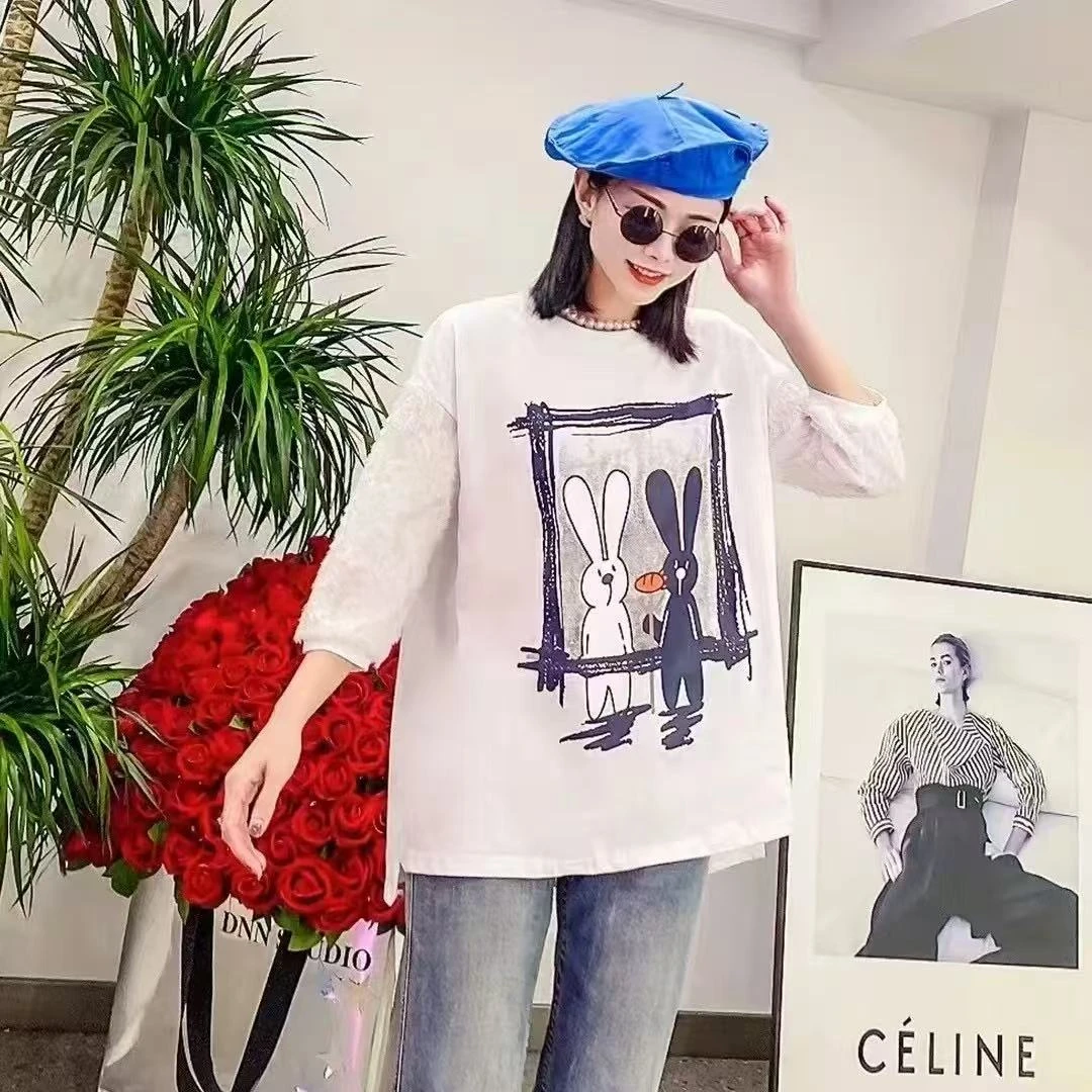 5809-韩版设计感大码时尚卡通小兔子毛毛袖衫大码半袖衫