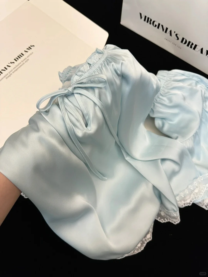 芭蕾风温柔baby蓝蕾丝冰丝短袖睡衣女夏季新款短裤套装凉感家居服